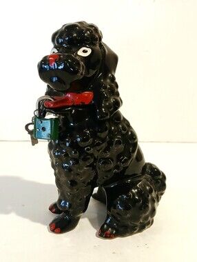 Vintage Black Poodle Dog Coin Bank with Red Collar and Green Padlock